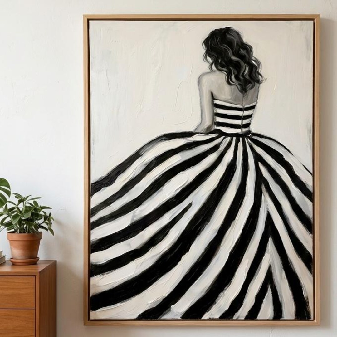 Black and White Striped Dress Oil Painting, Modern Minimalist Woman Art ...