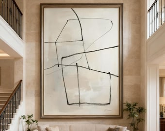 Large Black and White Abstract Painting, Modern Minimalist Wall Decor