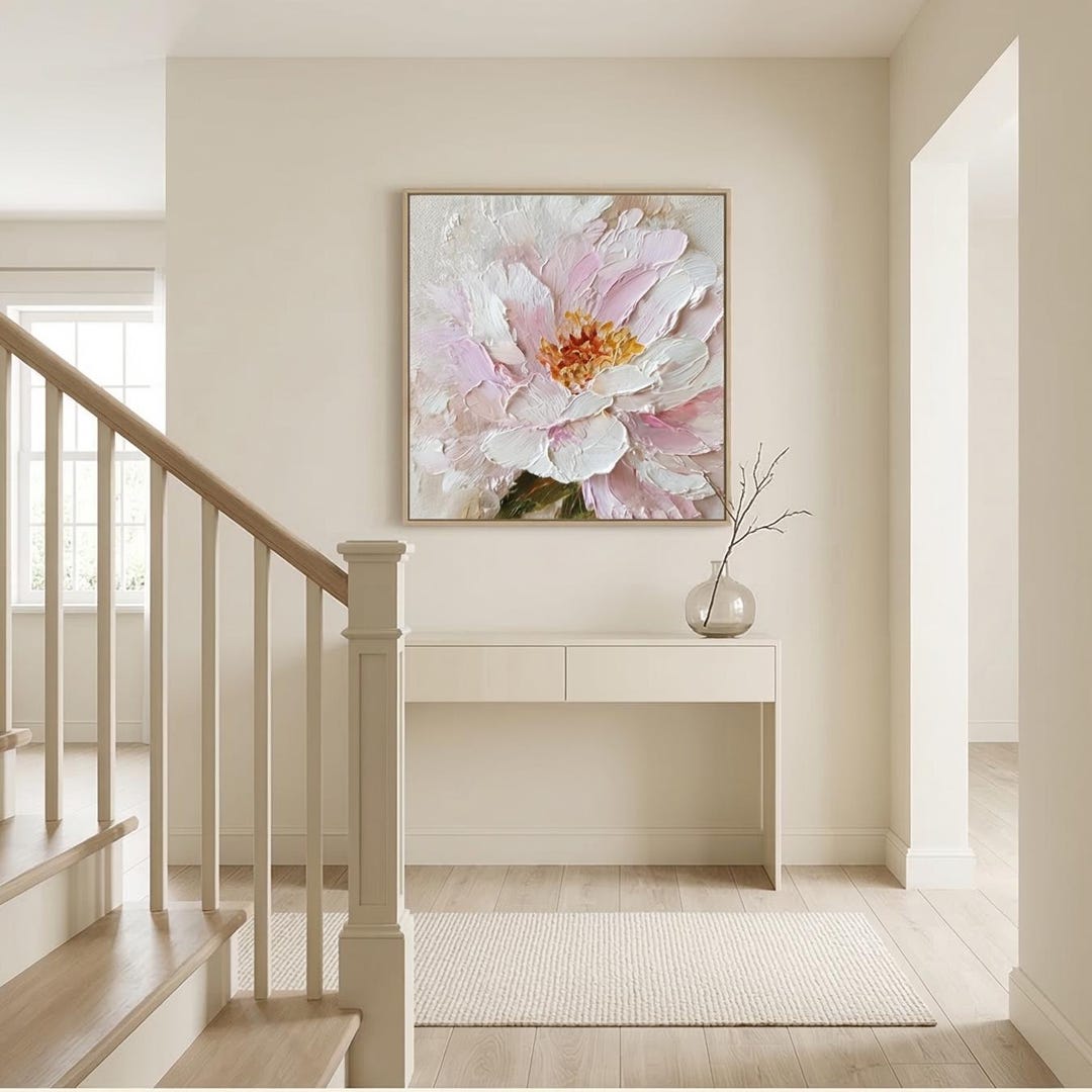 Large Pink Peony Impasto Oil Painting, Textured Floral Canvas Wall Art ...