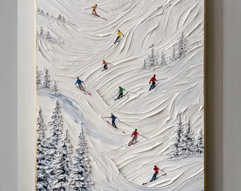 Textured Ski Painting on Canvas, 3D Plaster Style Wall Art