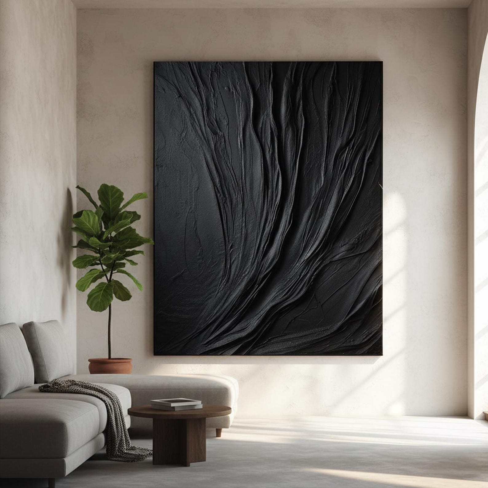 Large Black 3D Textured Abstract Painting – Minimalist Canvas Wall Art ...