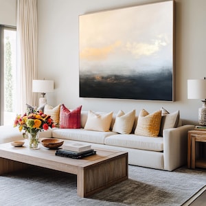 Grote beige en gouden muurkunst – origineel getextureerd olieverfschilderij, minimalistisch zeegezicht abstracte kunst, zwart-wit decor Wabi-Sabi