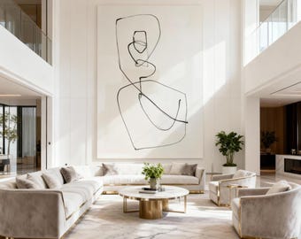 Large black and white abstract painting,Modern minimalist painting on canvas,Beige Black Abstract Line Art for Living Room