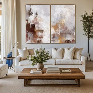 Abstract Splatter Painting on White Canvas – Brown, Gold, Gray & Black Minimalist Wall Art, Modern Hand-Painted Canvas