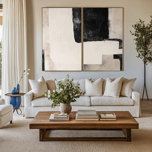 Wabi Sabi Beige en zwart abstract schilderij – Grote handgemaakte minimalistische canvas muurkunst met textuur, neutraal modern interieur