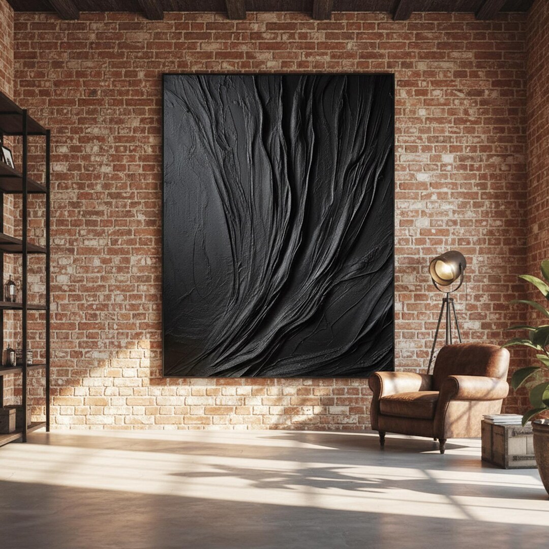 Large Black 3D Textured Abstract Painting – Minimalist Canvas Wall Art ...