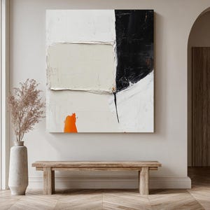 Large Textured Abstract Painting in Beige, Black and White with Splash of Orange – Original Minimalist Wabi Sabi Wall Art