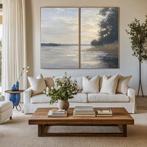Neutral Abstract Landscape Oil Painting – Vintage Lake Country Wall Art – Boho Farmhouse Nature Painting – Retro Rustic Landscape Wall Decor