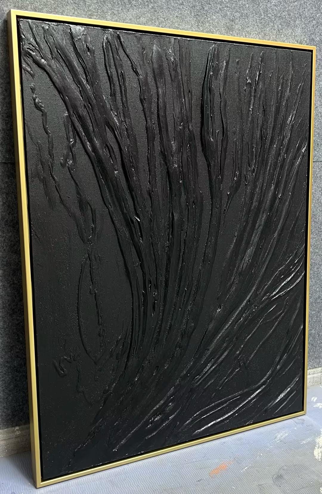 Large Black 3D Textured Abstract Painting – Minimalist Canvas Wall Art ...