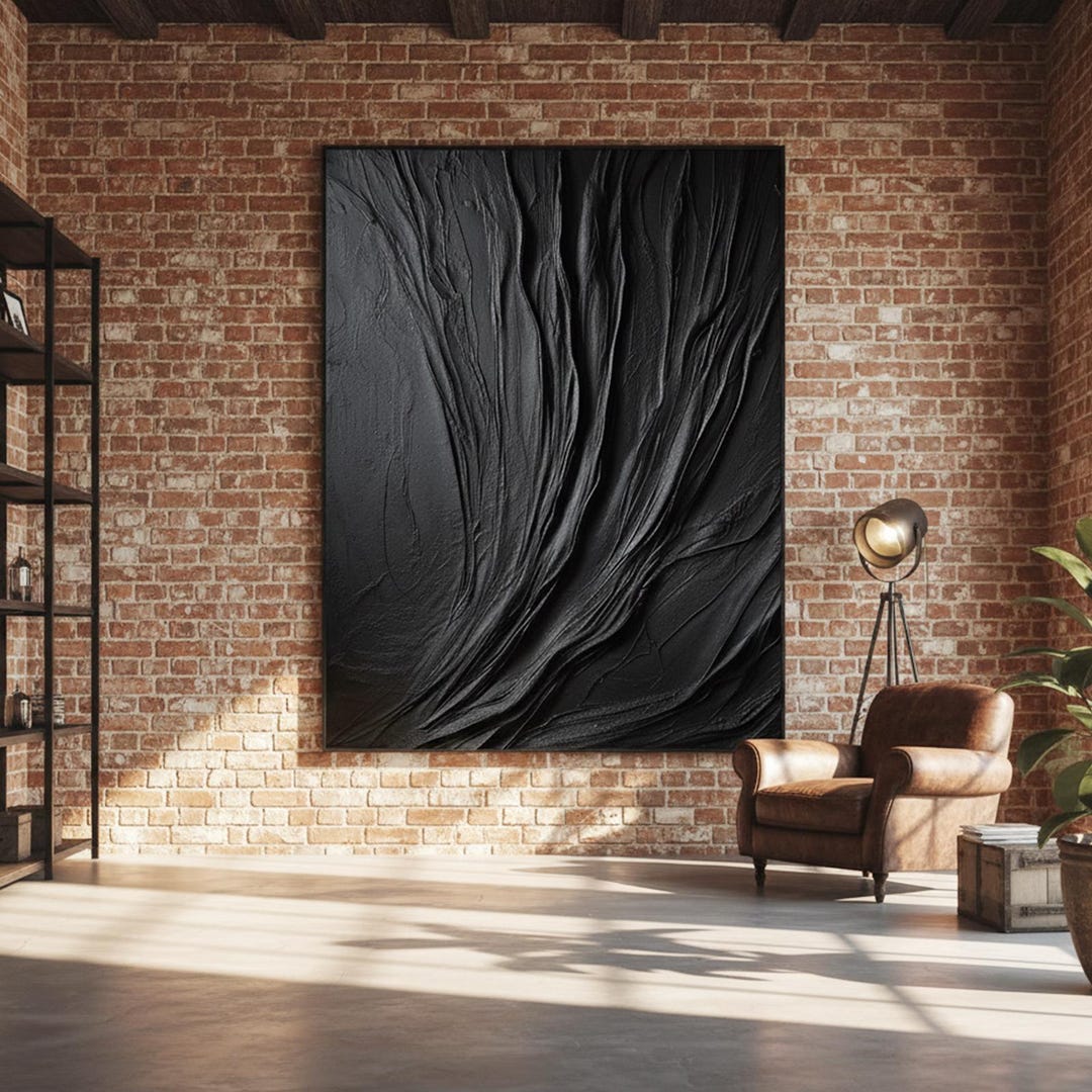 Large Black 3D Textured Abstract Painting – Minimalist Canvas Wall Art ...