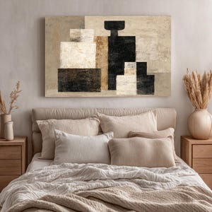 Wabi Sabi Beige en zwart getextureerd canvas – Minimalistische 3D-muurkunst, ingelijst neutraal schilderij voor moderne woonkamerinrichting