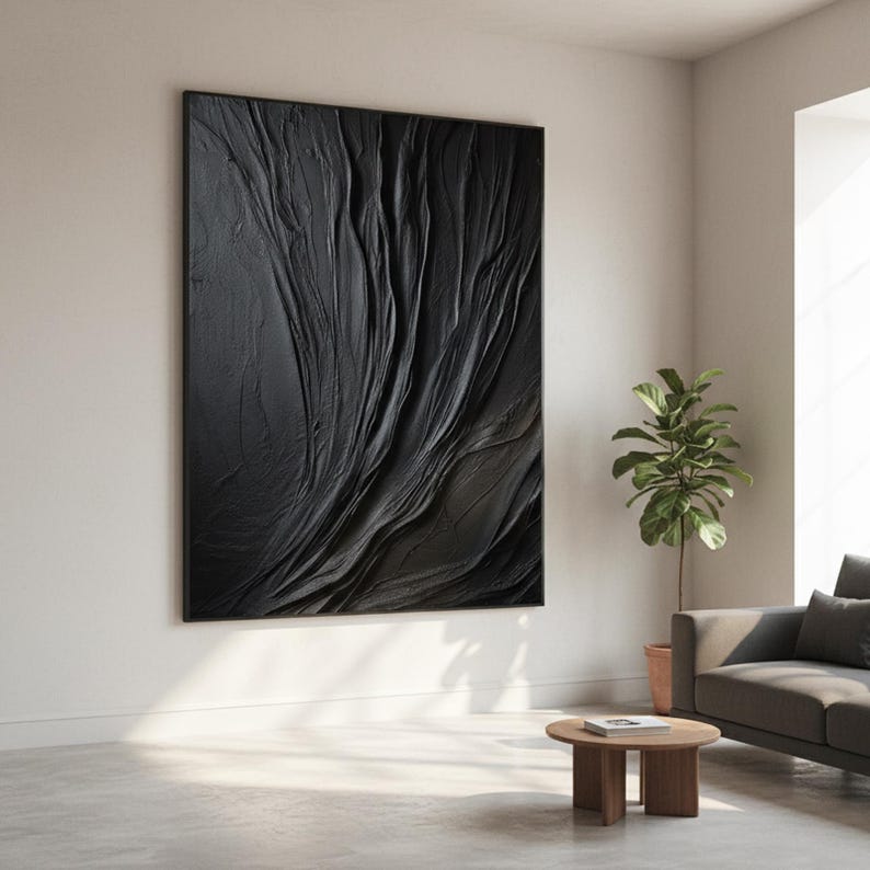 Large Black 3D Textured Abstract Painting – Minimalist Canvas Wall Art ...