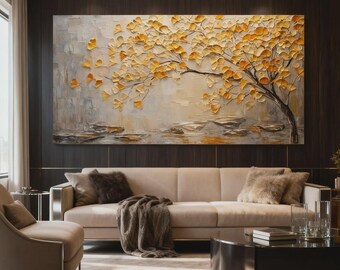 3D金箔の木の絵画：額入り風景壁アート - Etsy 日本