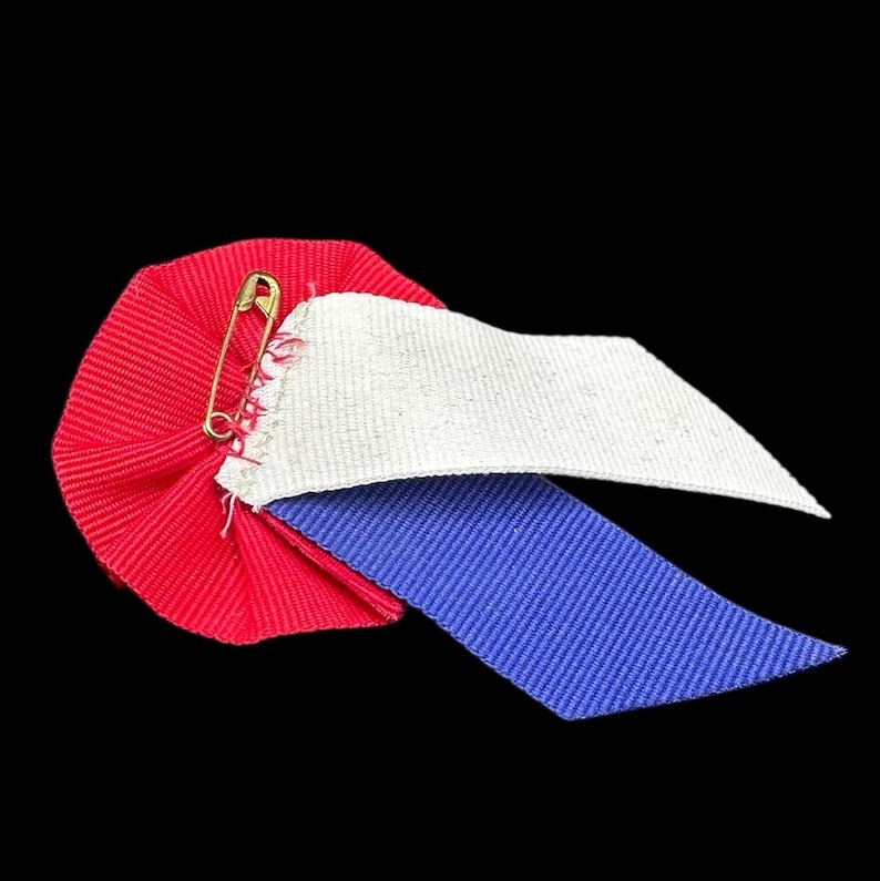 May include: A patriotic-themed pin with a red, white, and blue color scheme. The pin features a pleated red fabric base, with white and blue ribbon accents. A gold safety pin secures the design.