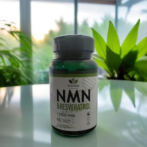 May include: A green bottle with a white label that says "EverVital NMN & RESVERATROL 1100 MG 60 CAPSULES Dietary Supplement"
