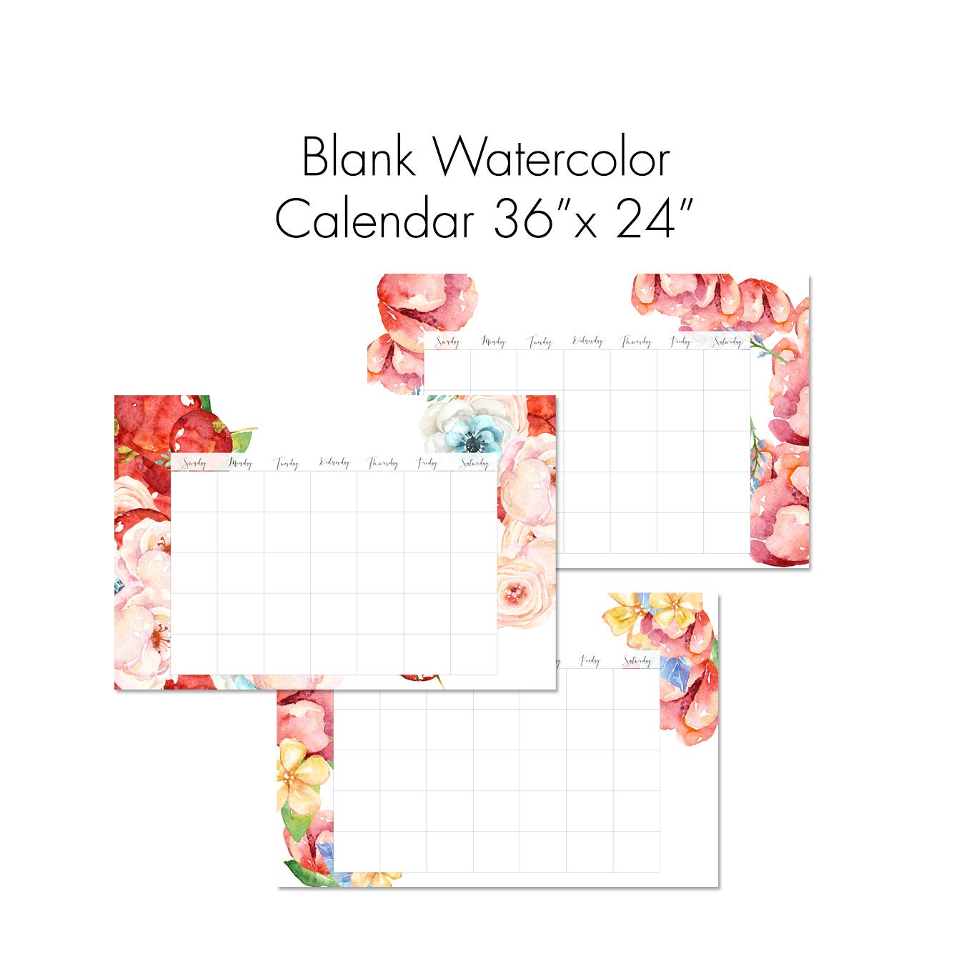 36 x 24 Blank Watercolor Floral Calendar. Instant Etsy