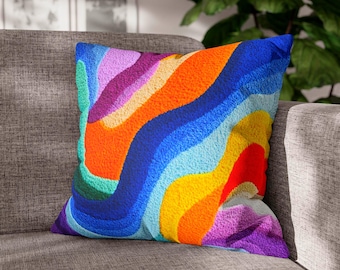 Abstracte regenboog kussensloop - gepersonaliseerd gesponnen polyester kussen - aangepast vierkant sierkussen - levendig boho-decor - psychedelisch kussen