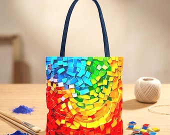 Rainbow Pixel Art Tote Bag-Colorful Bright Geometric  Shoulder Bag - Vibrant Mosaic Color Therapy Gift -Durable Washable Everyday Carryall