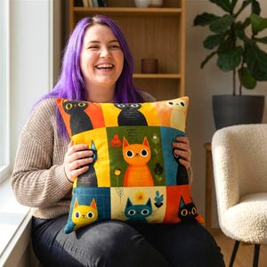 Cojín de retazos con diseño de gato - Cojín con estampado de gatitos coloridos - Decoración moderna de estilo rústico - Regalo para amantes de los gatos - Cojín decorativo único para la sala de estar o el dormitorio