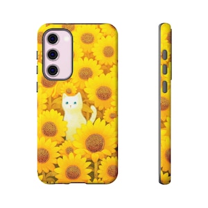 Floral Cat Phone Case: Sunflower Design, Personalized Samsung Galaxy & Google Pixel Tough Case