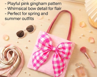 Bolso de mano con estampado de lazo de cuadros vichy rosas: un bonito bolso de mano personalizado para uso diario, un bolso de estilo preppy y femenino, accesorio para atuendos de primavera/verano.