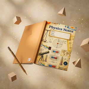 May include: A physics notebook with the title "Physics Notes" on the cover, displaying scientific diagrams and space for student details. A wooden pencil and geometric shapes float nearby. The notebook has a tan cover. The notebook's dimensions are approximately 21 cm x 29.7 cm.