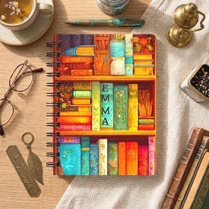May include: A spiral-bound notebook featuring a colourful illustration of three bookshelves filled with various books. The central spine of one book clearly displays the name EMMA in vertical black capital letters. The cover art includes vibrant shades of orange, yellow, teal, and green, showcasing intricate floral and botanical patterns on the book spines.