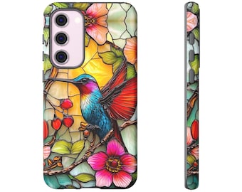 Custom Tough Case for Samsung Galaxy 25,24,23,22,21 &Later-Google Pixel 9,8,7,6 and Later-Floral Stained Glass Case-Stylish Hummingbird Case