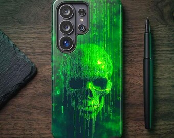 Cyberpunk Skull-telefonskal – Matrix Green Anpassat Android-skal för Samsung S26 S25 S24, Pixel 9 8 7 – Edgy Tech-gåva