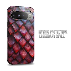 May include: A mobile phone case featuring a red and purple dragon scale design. The case has a camera aperture and the text "Mythic Protection. Legendary Style."