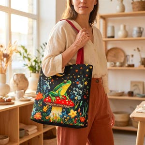 Bolso de mano con diseño de rana caprichosa - Bolsa de compras con escena a la luz de la luna inspirada en la naturaleza - Bolsa de regalo colorida y elegante para mamá