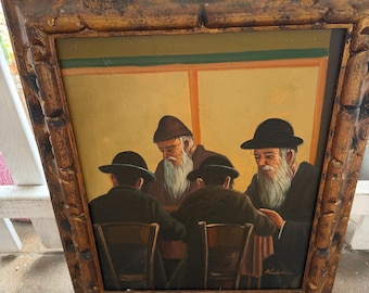 Vintage Judaica oil painting featuring a scene of rabbis in discussion, signed by the artist "Kahn"