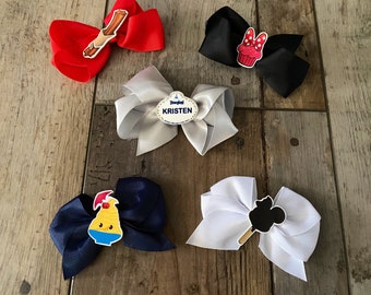 Customized Disney Inspired name badges on Hair Bows and Headbands - custom, personalized, and adorable! Walt Disney World Disneyland