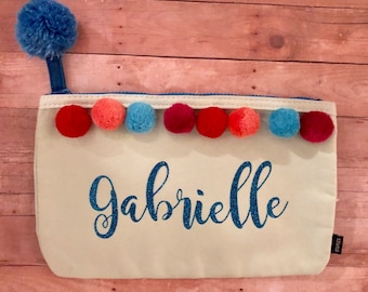 Adorable personalized Pom Pom zipper pouch for toiletries, cosmetics, pencils, Valentines etc