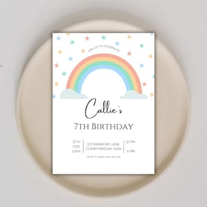 Minimalistic Rainbow 7th Birthday Invitation, Children&#39;s Rainbow Birthday Invitation, Minimalistic Invitation