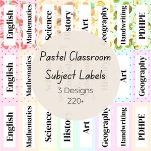 Pastel Classroom Subject Labels, Fruit Labels, Polka-dot Labels, Plain Pastel Labels