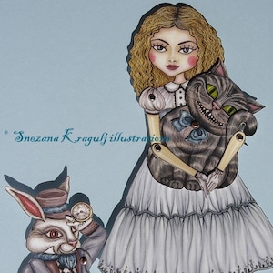 Alice im Wunderland Artikulierte Papierpuppe (bereits geschnitten und montiert) - Weißer Hase und Grinsekatze