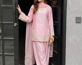 Embroidered Crepe Silk Farshi Palazzo Suit, Pakistani Style Eid Outfit