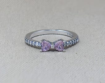 S925 Silver Ring, Pink Bow Ring, Silver Ring With Pink Cubic Zirconia, Personalized Creative Ring, Suitable Gift For Her