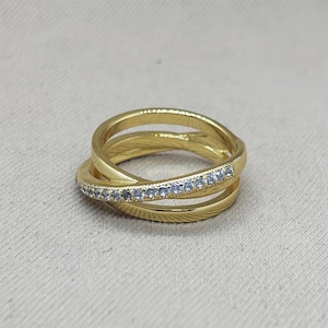Pave Three-Ring Staggered Ring, S925 Silver Ring, Versatile And Elegant Ring, 14K Gold Plated Three-Ring Staggered Rings