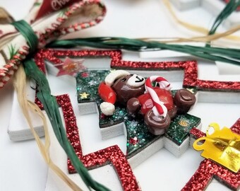 Christmas Tree Ornament with Teddy Bear and Candy Cane, Wood Ornament, Christmas Tree Decoration