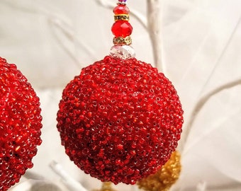 Red Beaded Christmas Ornament, Christmas Decoration, Red Bauble, Crystal Beaded Ornaments