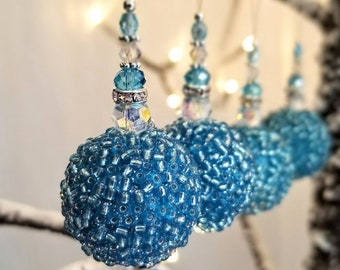 Miniature Turquoise Beaded Christmas Decoration, Set of 2, Blue Christmas Ornaments, Glass and crystal Ornaments, Christmas Bauble