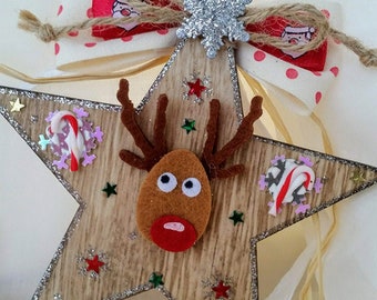 Christmas Ornament, Christmas Tree Ornament, Tree Star, Rustic Wood Star, Reindeer Ornament, Candy Cane, felt, stars, reindeer decoration