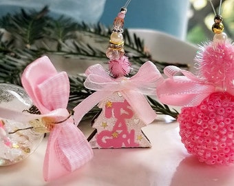 It's A Girl, Baby's First Christmas, Set of 3, Miniature baby ornaments, Pink ornaments, Christmas tree girl, Candy Cane, Baby decorations