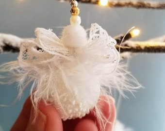 Miniature White Christmas Ornaments, Snowball Ornaments, White Angel, Christmas Angel, White Beaded Ornaments, Christmas Baubles, Set of 2