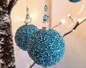 Elegant Turquoise Christmas Ornaments, Turquoise Glass Beaded Christmas Decoration, Aqua Blue Ornaments, Frosted Blue Christmas Baubles