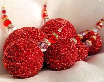 Miniature Red Beaded Christmas Decoration, Set of 2, White Christmas Ornaments, Glass and crystal Ornaments, Christmas Bauble