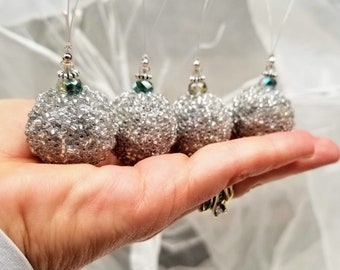 Miniature Silver Beaded Christmas Decoration, Set of 2, Silver Christmas Ornaments, Glass and crystal Ornaments, Christmas Bauble