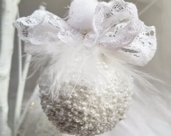 White Christmas Ornaments, White Beaded Christmas Decoration, Beaded Ornaments, White Angel Ornament, feathers and Lace, Snowball Ornament